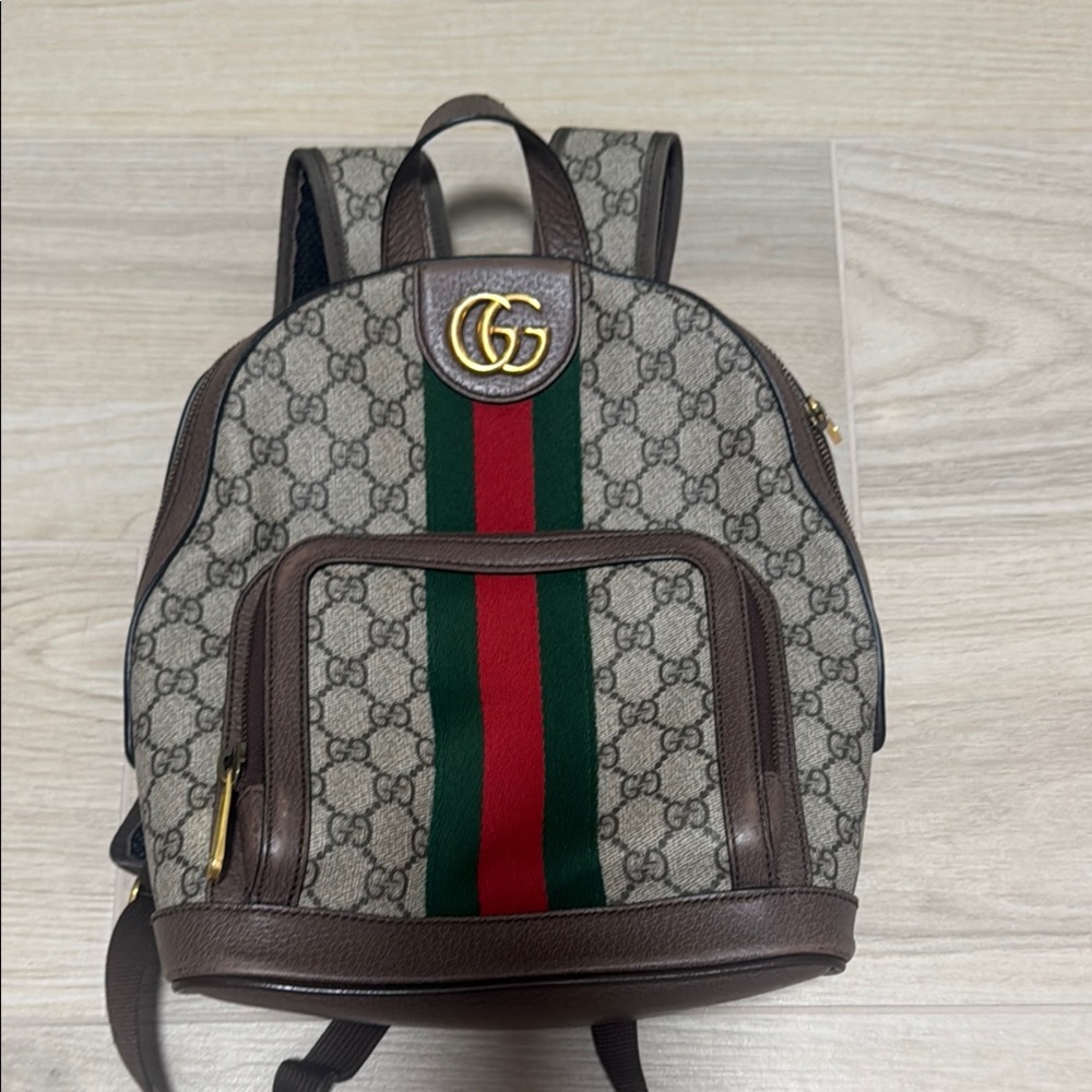 Gucci Ophidia Small Beige and Brown Backpack with Red and Green Stripe